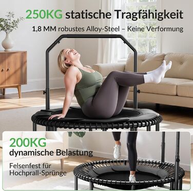 Міні-батут BCAN для дорослих, 102/122 см, до 204/250 кг, з бунжеєвими тросами, регульованою ручкою, стабільний, тихий, для дому та вулиці, тренування всього тіла, релаксація, зелений (122см, 122см-чорний з м'якою обшивкою)