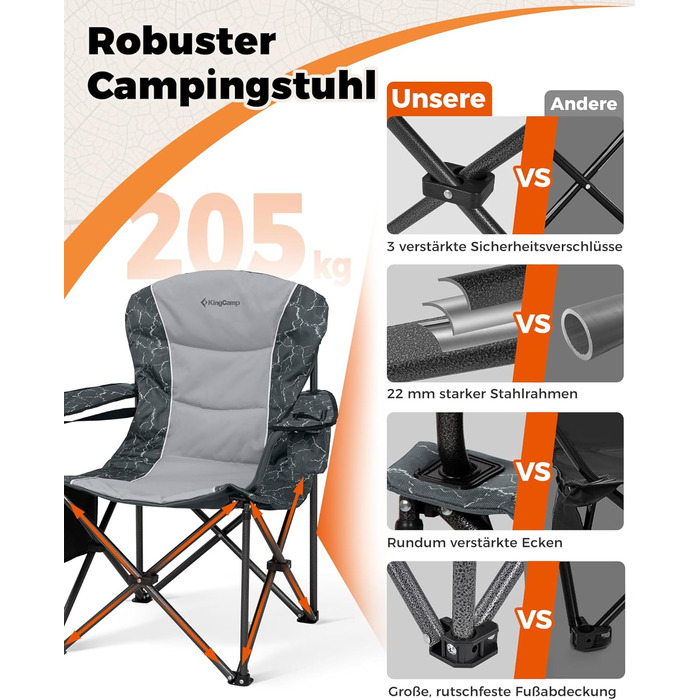 Крісло для кемпінгу KingCamp XXL, 205 кг, чорне, з регульованою спинкою, високе, з кишенею для напоїв та сумкою-холодильником