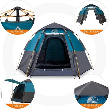 Намет для кемпінгу HEWOLF Pop Up 2-4 особи з тамбуром, Ultralight, сімейний, швидкорозкладний, армійний зелений