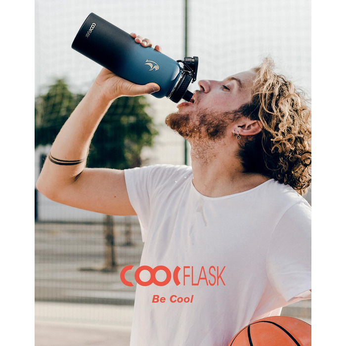 Термос-пляшка Coolflask 1180 мл з трубочкою та 3 кришками, ізольована металева пляшка для води, спорт або офіс, подвійна вакуумна ізоляція, легко миється, індиго-чорна
