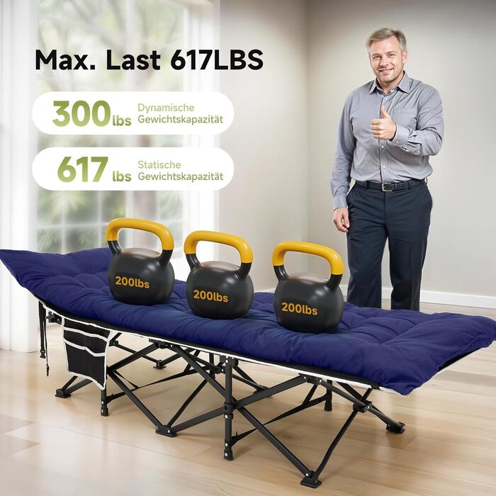 Розкладне ліжко Warmiehomy XXL з матрацом для дорослих, гостьове ліжко, широке та міцне, для кемпінгу, відпочинку, офісу, саду, сіре (блакитне), з матрацом