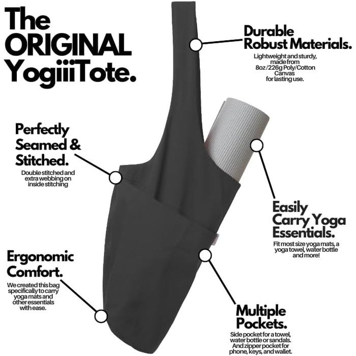 Сумка для йогамата Yogiii | Оригінальна YogiiiTote | Сумка для йогамата з великою бічною кишенею та кишенею на блискавці | Підходить для більшості розмірів матів | Чорний обсидіан