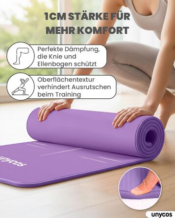 Килимок для йоги Unycos: антиковзаюча поверхня, висока щільність 6/10/15 мм, з сумкою, для пілатесу та фітнесу, колір ліловий, розмір 183*66*1 см.