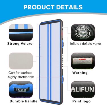 ALIFUN Килимок для гімнастики надувний, 2м/3м/4м/6м, 10/20см, з насосом, для дому, фітнесу, тренувань, черлідингу, басейну (чорний/синій, 200х100х10см)