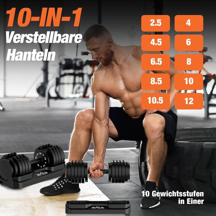 Набір регульованих гантелей DH FitLife 10 в 1 (12кг x 2), розбірні гантелі з 10 рівнями ваги від 2,5 до 12 кг