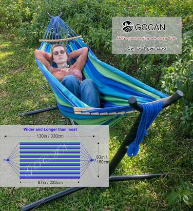 Гаммак GOCAN XXL для 2 осіб, 220x150 см, 330 см загальна довжина, 300 кг, бавовна, для відпочинку на природі, в саду, в приміщенні, для дітей, на балкон, сірий в смужку (Blau9)