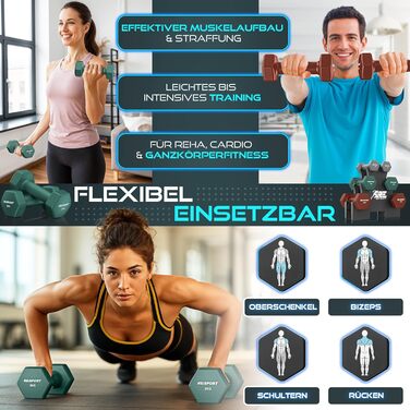 Набір гантелей RE:SPORT® 3 пари (1-5 кг, 12 кг або 18 кг) зі стійкою та 3 фітнес-гумками. Нековзкі гантелі з неопрену для жінок та чоловіків. Кольори: бірюзовий/сірий/темно-синій (бірюзовий/петроль/теракота, 18 кг)