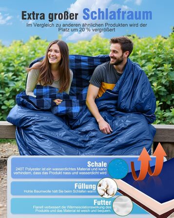 Спальний мішок для двох осіб з флянелі, 220 x 160 см, з двома блискавками, 2 подушки та сумка для перенесення, для дорослих, блакитний