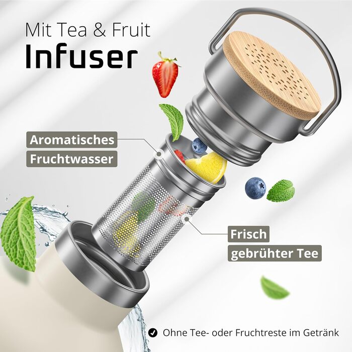 Фляга для води з нержавіючої сталі з трубочкою та інфузером, 3 кришки: BPA-free, не протікає, підходить для газованої води - 950 мл, Cream White, бамбук