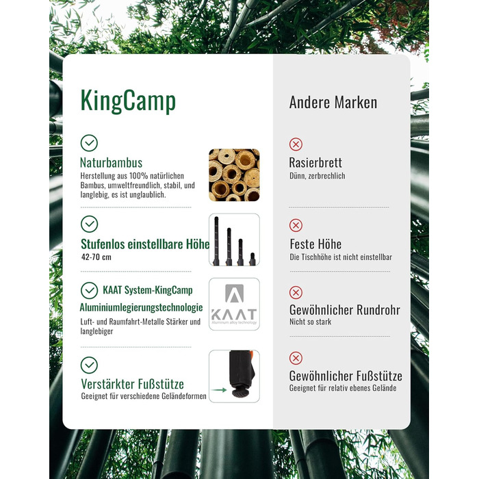 Складний стіл KingCamp з бамбука з UV-захистом, регульована висота, для кемпінгу, саду, грилю, пікніка, офісу (100 × 72 см/120 × 70 см), 3 висоти - 100x65см (безступеневе регулювання - 100x70см)