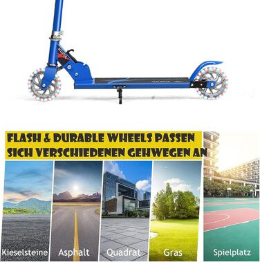 Дитячий ролер GOPLUS Roller Kinder 4 роки з LED-колесами, гальмом на задньому колесі та підніжкою, регульований по висоті, легкий алюмінієвий, складної конструкції, до 70 кг, блакитний