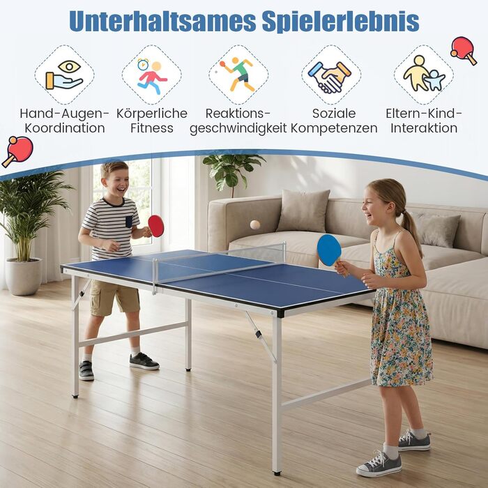 COSTWAY Міні стіл для пінг-понгу складний, стіл для тенісу вологостійкий, з сіткою, 2 ракетки та м'ячі, готовий до використання, для відпочинку в приміщенні та на вулиці, 152,5 x 76 x 71 см