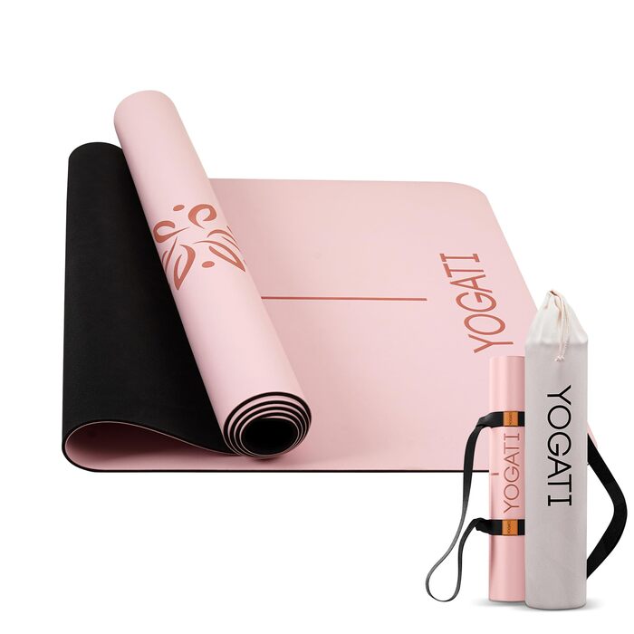 Протиковзкий килимок для йоги та фітнесу YOGATI з натурального каучуку, великий килимок з розміткою та сумкою для перенесення, рожевий