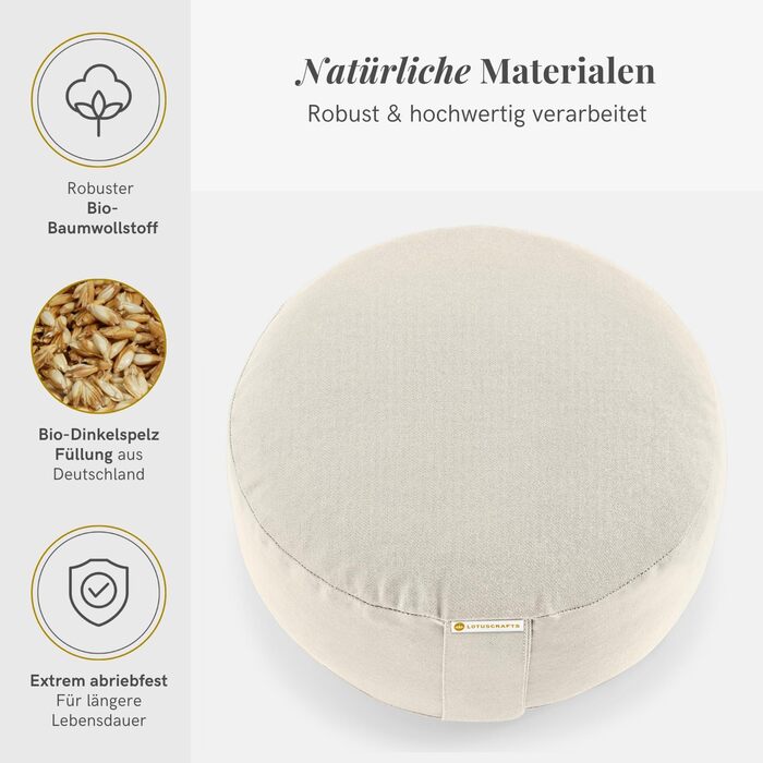 Медитаційне подушечка Lotuscrafts® з висотою сидіння 15 см, з пшоняною начинкою, кругла подушка для йоги, кругла подушка для підлоги, подушка для медитації, знімний чохол, сертифікат GOTS, натуральні матеріали