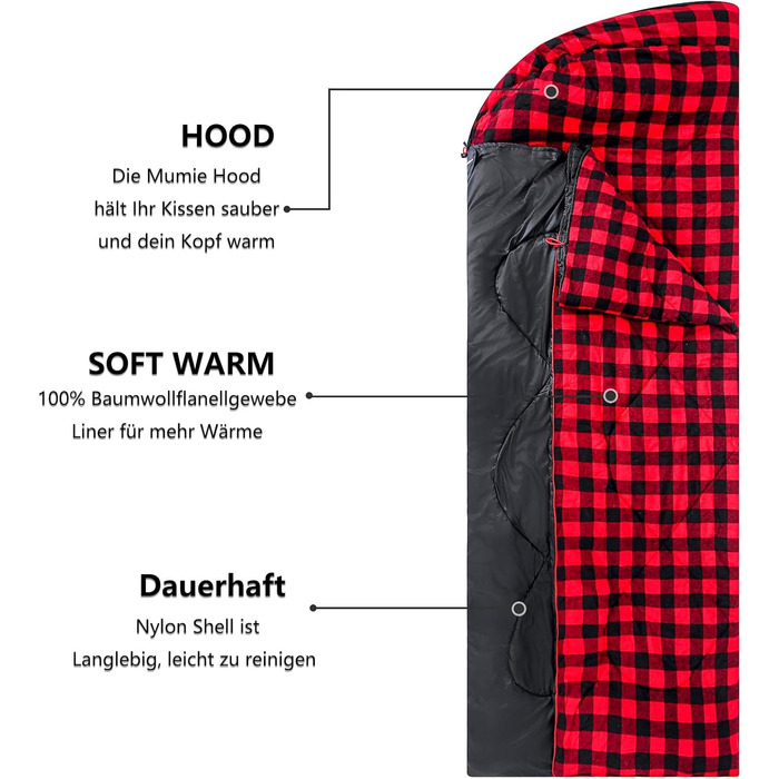 Спальний мішок для дорослих Schlafsack Srwachsene Outdoor Ultraleicht – пуховий, легкий, для кемпінгу, трекінгу та походів (L, чорно-червоний)