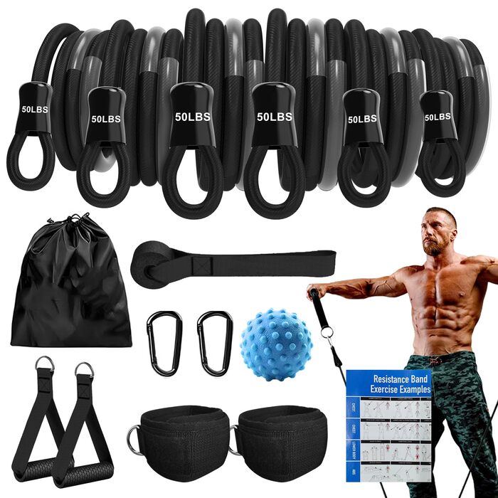 Гумові еспандери Resistance Bands 5 рівнів навантаження з анкерами, ручками та ременями для ніг - для фітнесу, пілатесу, силових тренувань (до 136 кг)