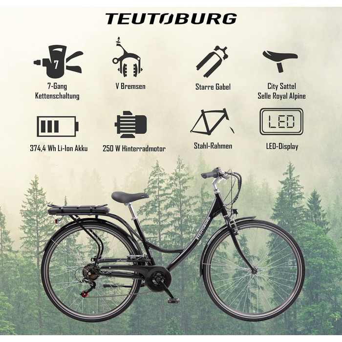 Електровелосипед міський Teutoburg Senne 28 дюймів, чорний, 10,4 А·год/36В Li-Ion акумулятор, 7-ступенева Shimano, електровелосипед для міста