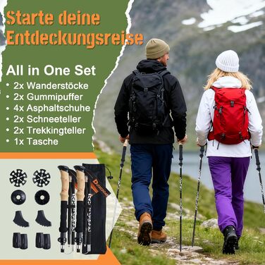 Телескопічні палиці для скандинавської ходьби та трекінгу (2 шт), складані, 110-130 см, алюмінієві, чорні, з гумовими наконечниками та сумкою