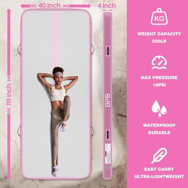 Гімнастичний надувний мат для перекидання BPB з електричним насосом. 10 футів. Килимок для тренувань, гімнастики, йоги, пляжного відпочинку. Рожевий.