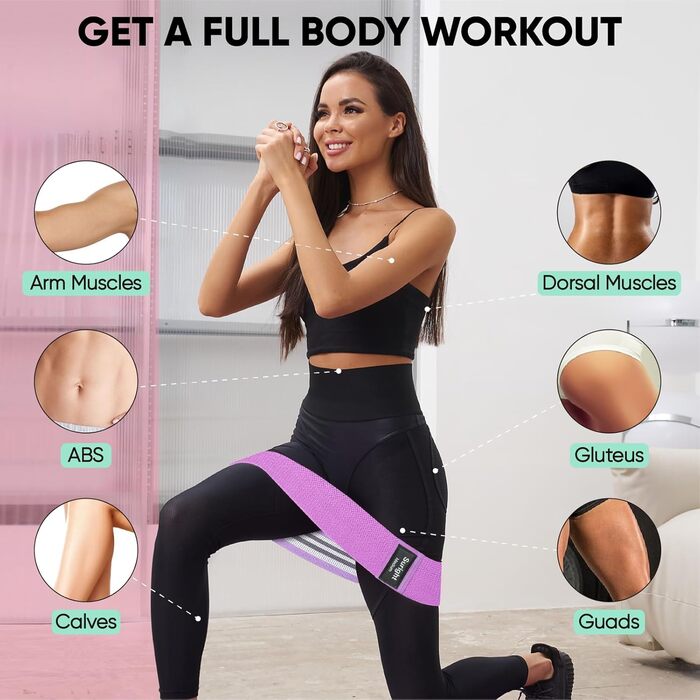 Стрічки опору для фітнесу [3 шт.] для сідниць та стегон, антиковзкі фітнес-стрічки для жінок/чоловіків, силові тренування, йога, пілатес (Чорний, фіолетовий, зелений)
