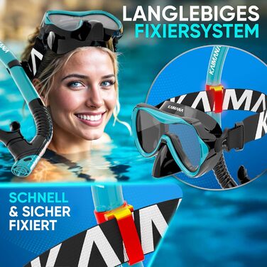 Комплект для снорклінгу Kaimana AquaVision Elite, маска та трубка для дорослих, чорно-бірюзовий колір, з сумкою