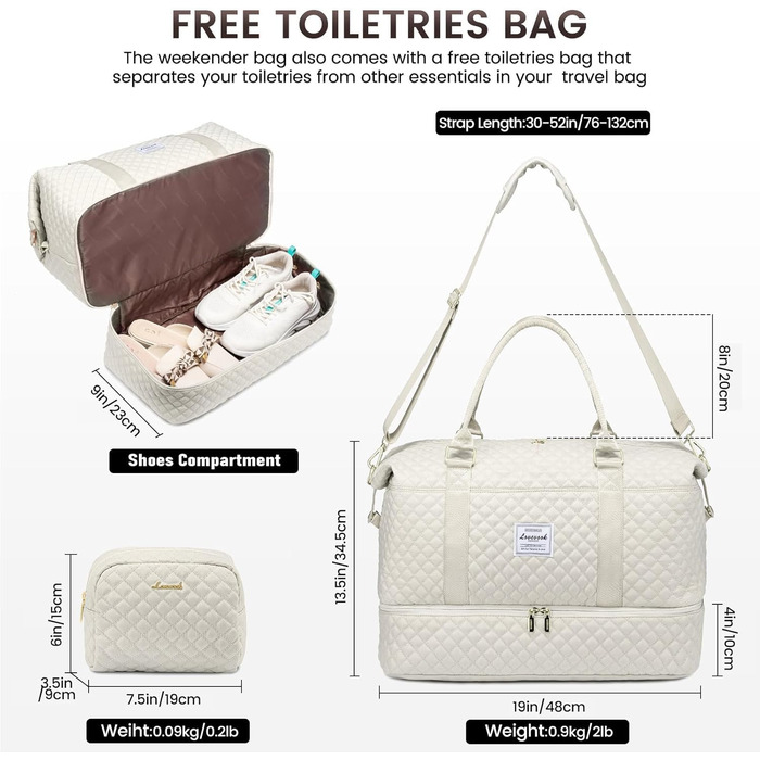 Спортивна сумка LOVEVOOK для жінок: велика дорожня сумка-мішок з косметичкою, відділенням для взуття та мокрих речей. Ідеальна для подорожей, клініки, пологів, вихідних. Водостійка сумка ручної поклажі для літака. 2 шт. Бежевий колір.