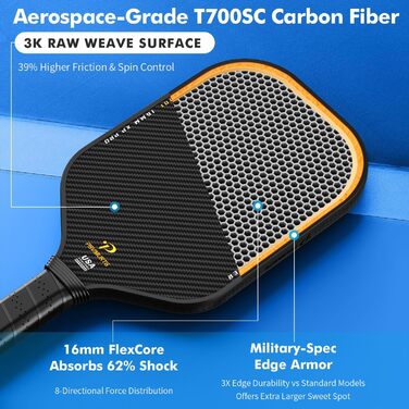 Ракетка для піклболу з вуглецевого волокна, термоформована, T7003K, USAPA, 16 мм ядро, для максимального обертання