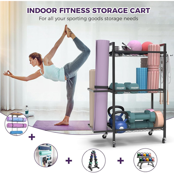 Стійка для йогаматів та спортивних матів, 3 яруси, металева, порошкове покриття, 35.1 x 14.9 x 44.2 см, портативна, економія місця, 3 шт.