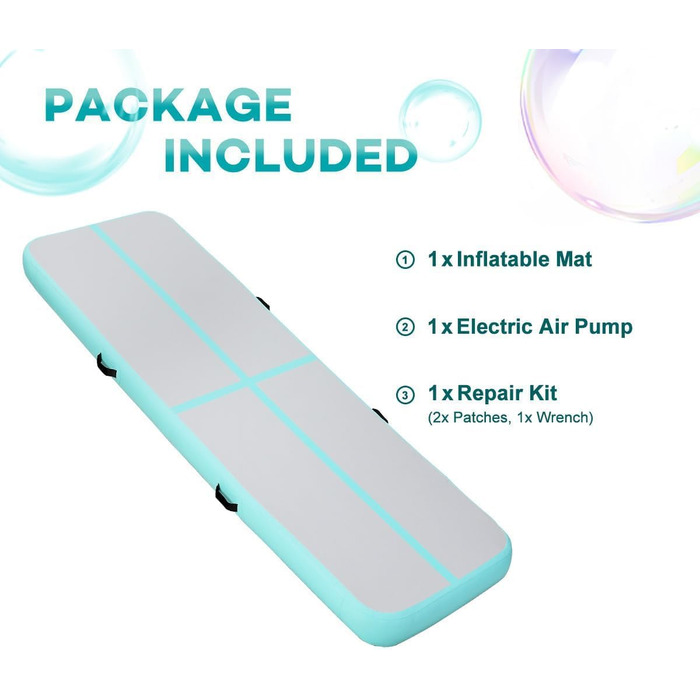 Гімнастичний надувний мат для акробатики та тренувань, 10/20 см, надувний, з насосом, 400x100x10 см, зелений