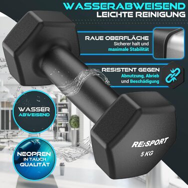 Набір гантелей Hantel-Set: 1 кг - 5 кг, 12 кг або 18 кг зі стійкою та 3 еластичні стрічки. Нековзкі неопренові гантелі для жінок та чоловіків. Кольори: пурпурний, туманно-сірий, чорний (18 кг)