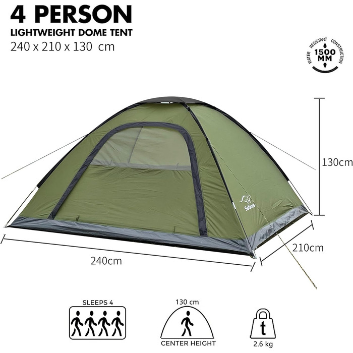 Намет для кемпінгу SAFACUS на 3-4 особи: легкий, стабільний, водонепроникний, з вентиляцією та захистом від комарів (зелений)