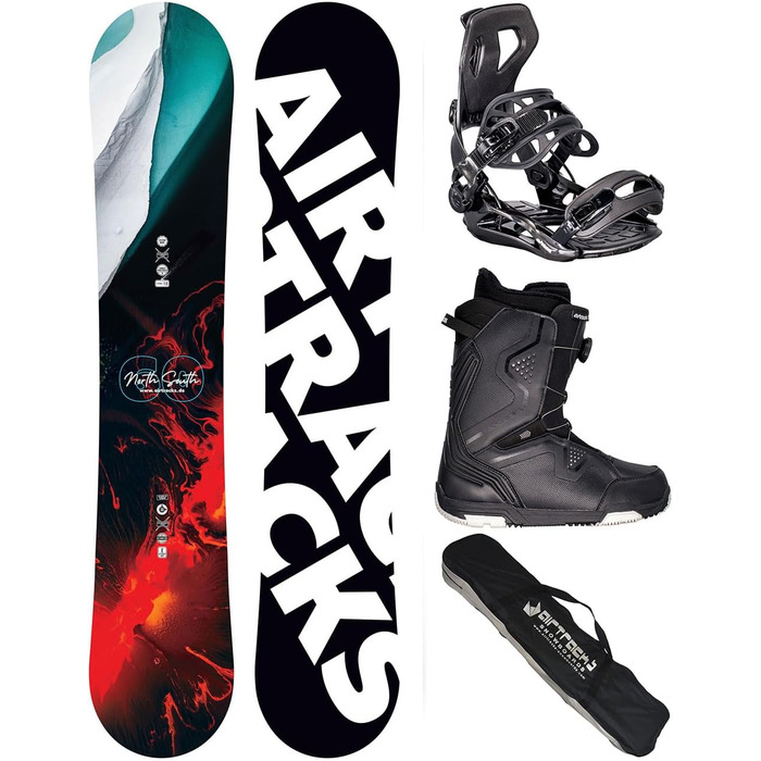 Набір для сноубордингу AIRTRACKS: сноуборд North South Four Wide Camber, кріплення Master, черевики, сумка. Розміри сноуборда: 150, 157, 159, 162 см, черевики розмір 43