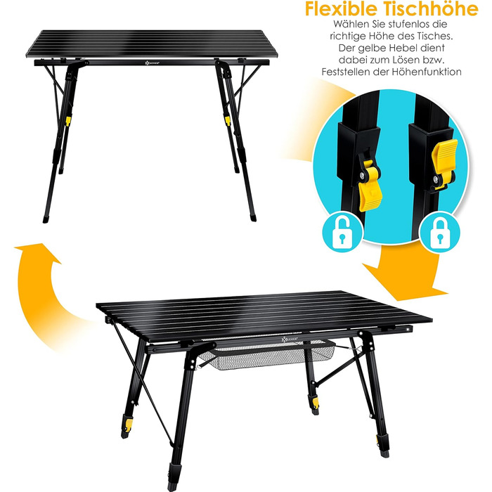 Кемпінговий стіл KESSER® розкладний, з алюмінієвим каркасом, регулювання висоти, 90x53 см, до 100 кг, чорний, з сумкою та сітчастою кишенею