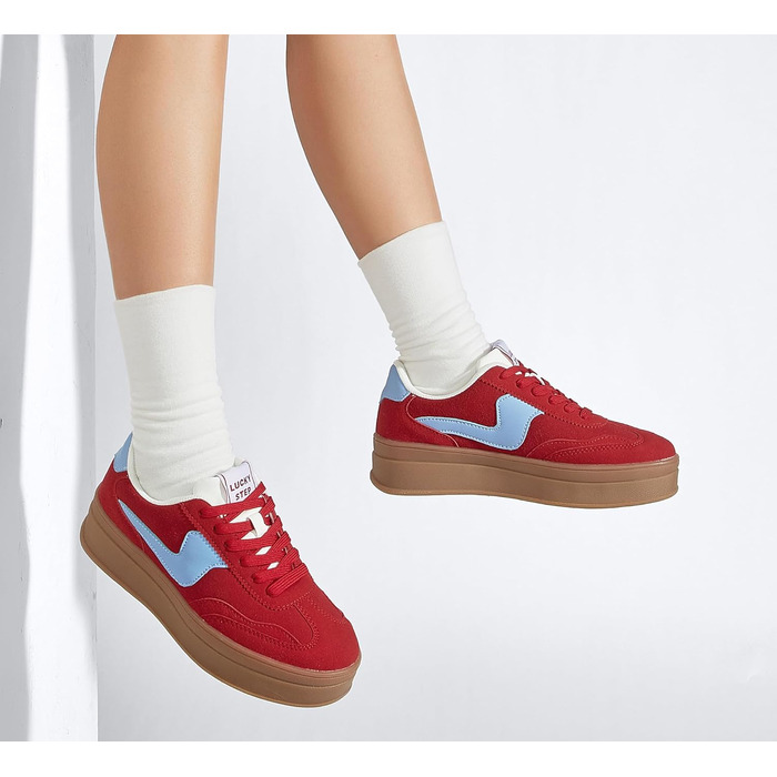 Жіночі кросівки на платформі LUCKY STEP – модні масивні кросівки, зручні шнурівки для повсякденного носіння та прогулянок з прошитими деталями, чорно-білі (червоно-сині, 36 EU)