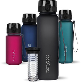 Спортивна пляшка для води 1л 720°DGREE 'uberBottle' з контейнером для фруктів - Tritan, BPA-Free, Softtouch, для спорту, фітнесу, велосипеду, універу, активного відпочинку. Чорний колір, 1000 мл