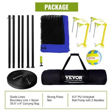 Набір для волейболу VEVOR, регульована висота, 9,7 x 2,4 м, блакитний, портативний, складаний, з м'ячем та сумкою, для саду та пляжу