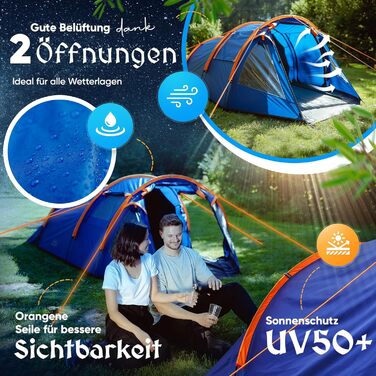 Намет туристичний Burgwerk Tunnelzelt для 3 осіб, водонепроникний, UV-захист 50+, міцний, для кемпінгу, сімейний, тунельний, синій