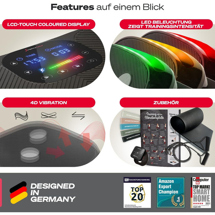 Платформа для вібрацій Sportstech 4D VP400 з LED, тренувальні стрічки та мотузки, для дому, до 120 кг, чорний