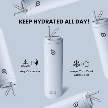 Водяна пляшка з нержавіючої сталі 750 мл з соломкою, кришкою та ручкою - ізольована, без BPA, з подвійними стінками. Ідеальна для спорту, подорожей та фітнесу (Блакитна)