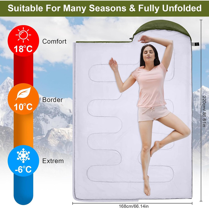 Спальний мішок Grüner, 220x85 см, водонепроникний, 3 сезони, 1.6 кг, для внутрішнього та зовнішнього використання