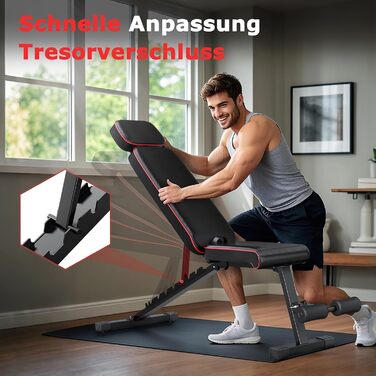 Складана лава для тренувань з регулюванням нахилу, 10 положень спинки, вантажопідйомність 363 кг, з фіксатором ніг для дому та спортзалу