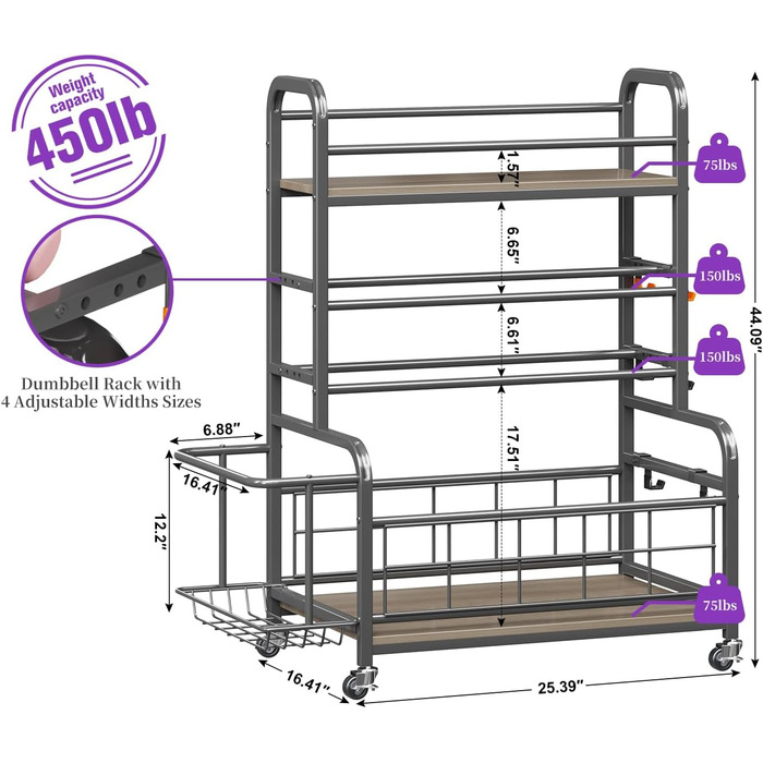 Стійка для гантелей Homeiju: зберігання гантелей, гир, йога-матів, з колесами та гачками (сіра)