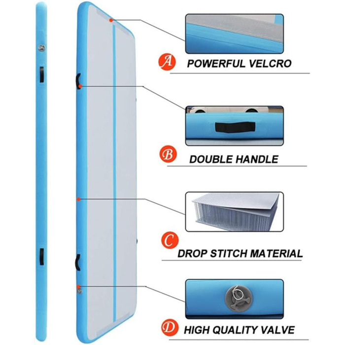Гімнастичний мат Air Track для тумблінгу та йоги з електричним насосом, протиковзкий та водонепроникний, 400x100x10 см (Синій)