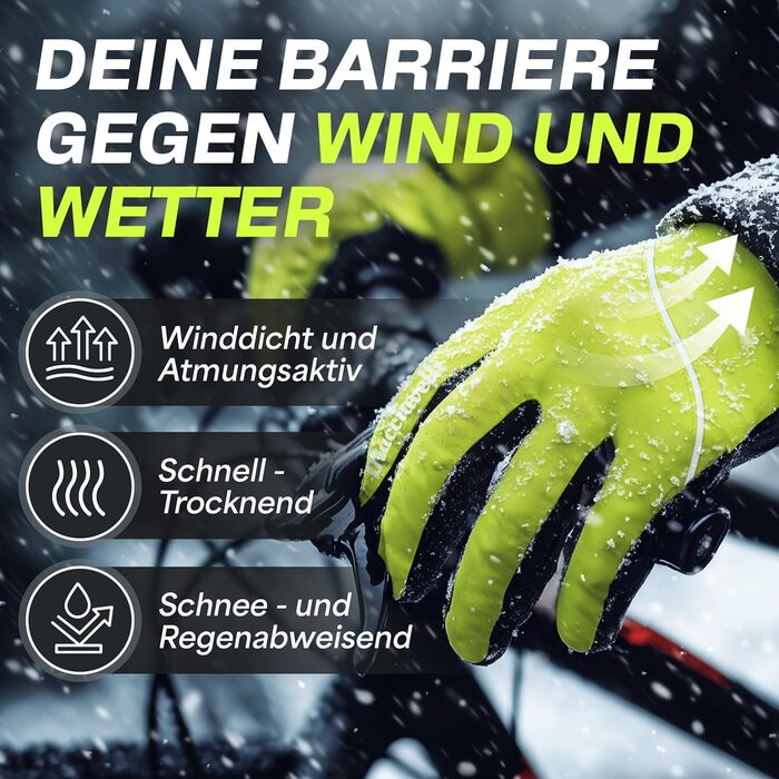 Велосипедні рукавички MACCIAVELLI® для чоловіків та жінок - теплі зимові терморукавички з підтримкою сенсорного екрану для шосе, MTB та гірського велосипеда. Вітро- та водонепроникні, неоново-жовто-зелені