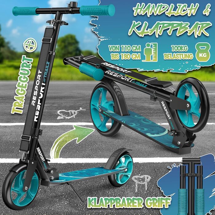 Дитячий та дорослий трюковий самокат Cityroller з дзвінком та ременем | Регульована висота, складаний, до 100 кг | Великі колеса, Kickscooter, турквіс