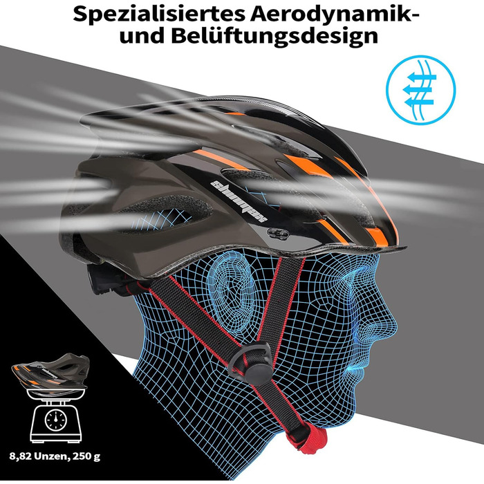 Велосипедний шолом Shinmax з візором та LED-ліхтарем, для дорослих, універсальний, знімний, для MTB, шосейних і гірських велосипедів, чорний/помаранчевий/титан, розмір 57-62 см