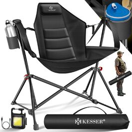 Крісло для кемпінгу KESSER® розкладне, гойдалка, до 160 кг | Рибальське крісло, з підсвічуванням та тримачем для напоїв | З м'яким сидінням та високою спинкою | Розслаблююче крісло для пляжу, хакі (чорний / чорний)