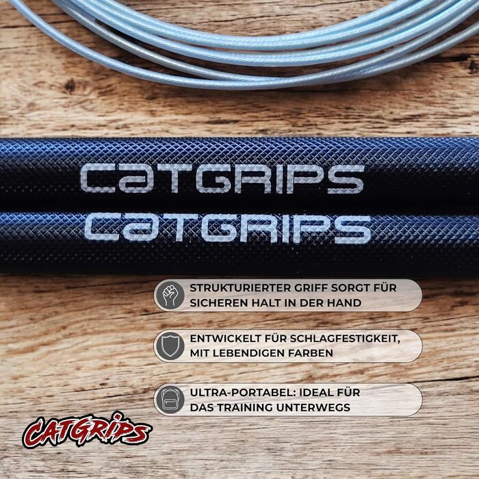 Стрибкове канат Crossfit CATGRIPS Springseil – Алюмінієва ручка, регульоване сталеве канат з підшипниками, легке професійне сеанс для залу та боксу, з сумкою та запасними частинами (Чорний)