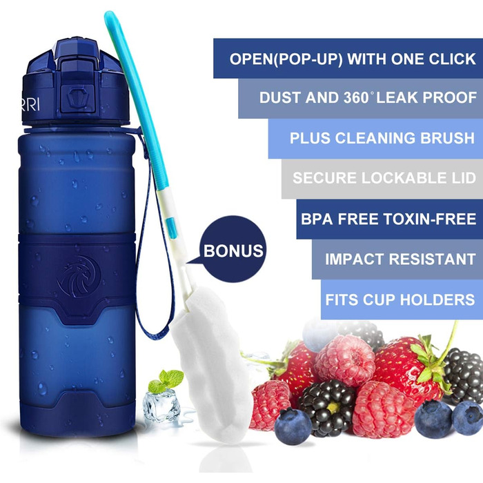Спортивна пляшка ZORRI 500 мл, 1 л, 700 мл, 400 мл, BPA-Free, для води та газованих напоїв, без витоку, екологічна, для дітей, школи, спортзалу, фітнесу, велосипеду (темно-синій)