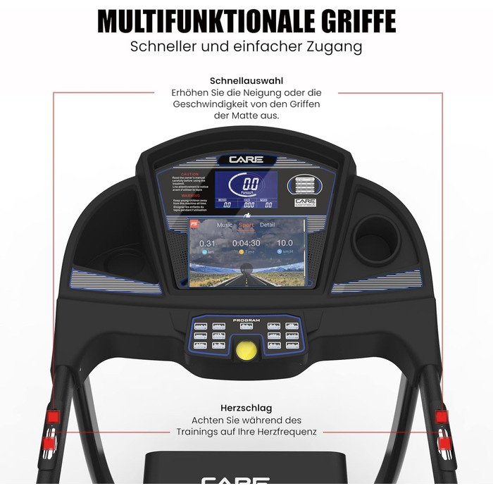 Бігова доріжка Care Fitness CT-705, електрична, складна, моторизований нахил 15 рівнів, 18 програм, сумісність з Kinomap